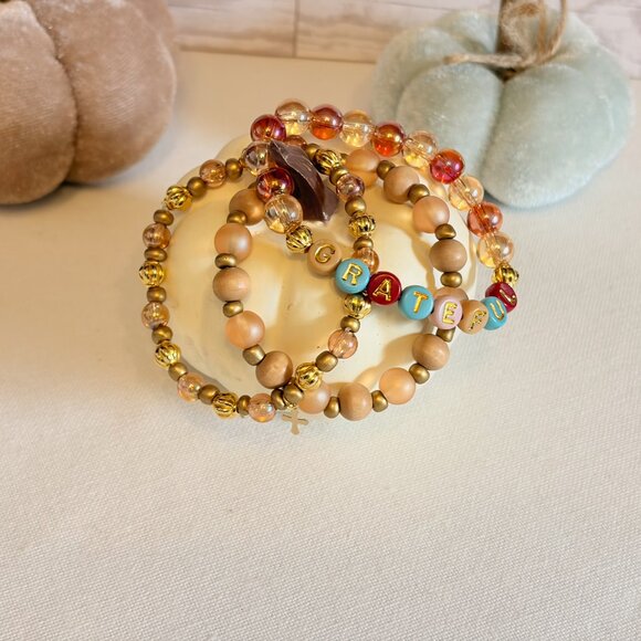 Handmade Beaded Bracelet Set – Word Bracelet, Gold & Nude Neutral Stack - Picture 5 of 6